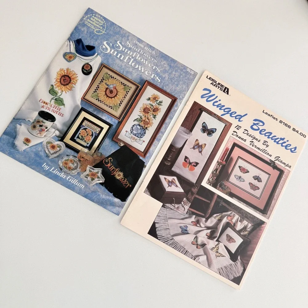 Lot 2 Vintage Cross Stitch Pattern Books‎ Sunflowers Butterflies Floral